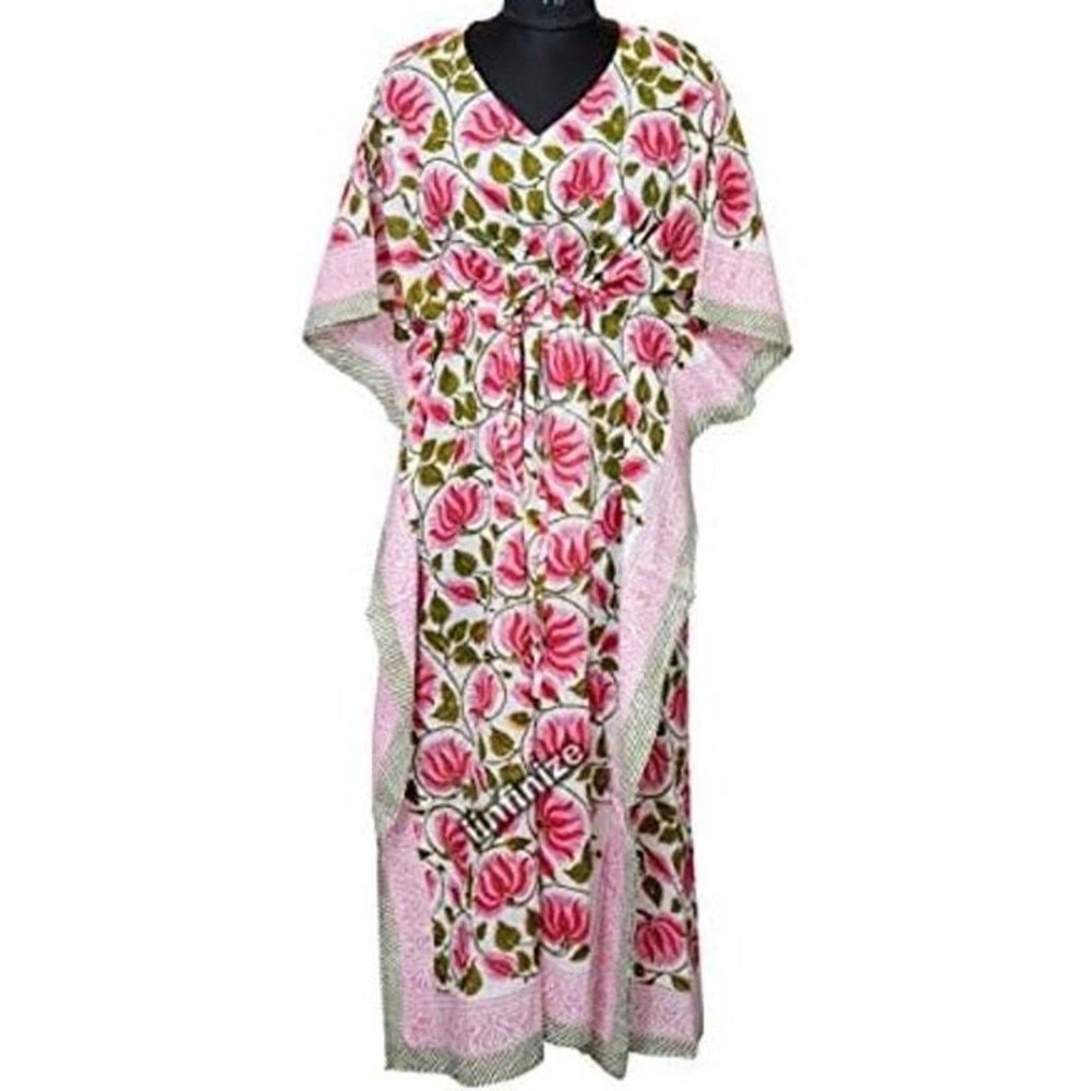 Fabric Venue Caftan OS Dress Floral Bohemian Style Long Maxi Dress Pink White
